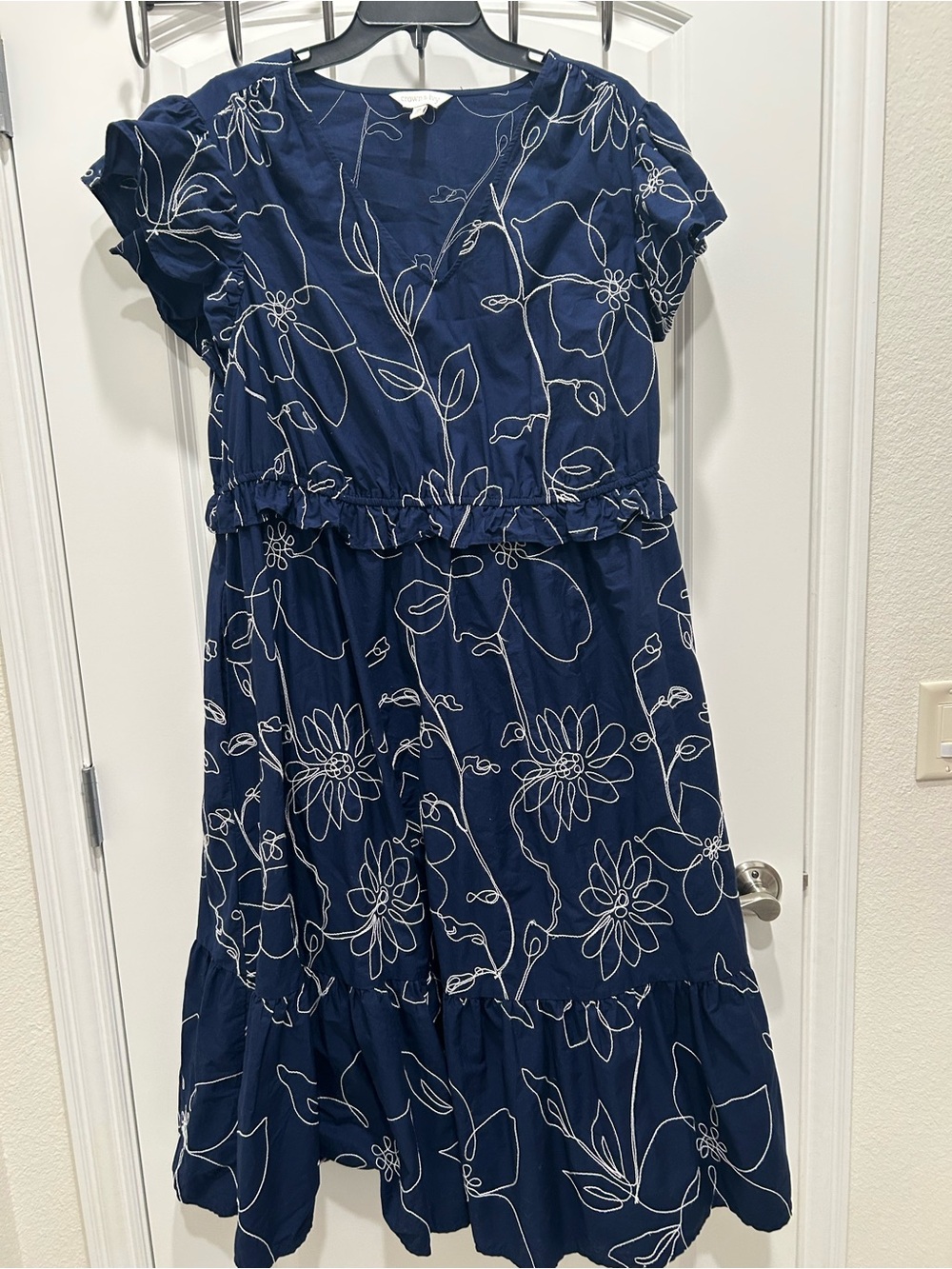 Wonderly Navy Floral Line-Drawn Ruffle-Waist Dress